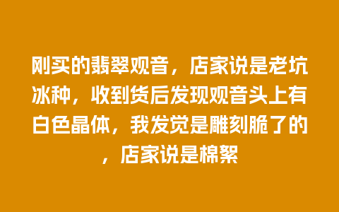 刚买的翡翠观音，店家说是老坑冰种，收到货后发现观音头上有白色晶体，我发觉是雕刻脆了的，店家说是棉絮