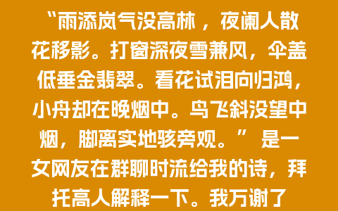 “雨添岚气没高林 ，夜阑人散花移影。打窗深夜雪兼风，伞盖低垂金翡翠。看花试泪向归鸿，小舟却在晚烟中。鸟飞斜没望中烟，脚离实地骇旁观。” 是一女网友在群聊时流给我的诗，拜托高人解释一下。我万谢了