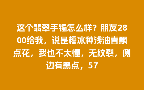 这个翡翠手镯怎么样？朋友2800给我，说是糯冰种浅油青飘点花，我也不太懂，无纹裂，侧边有黑点，57