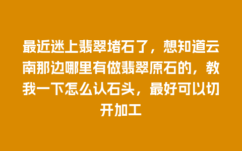 最近迷上翡翠堵石了，想知道云南那边哪里有做翡翠原石的，教我一下怎么认石头，最好可以切开加工