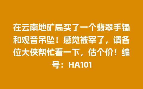 在云南地矿局买了一个翡翠手镯和观音吊坠！感觉被宰了，请各位大侠帮忙看一下，估个价！编号：HA101