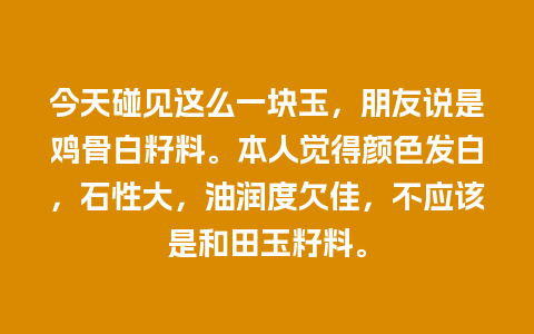 今天碰见这么一块玉，朋友说是鸡骨白籽料。本人觉得颜色发白，石性大，油润度欠佳，不应该是和田玉籽料。