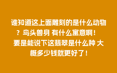 谁知道这上面雕刻的是什么动物？鸟头兽身 有什么寓意啊！ 要是能说下这翡翠是什么种 大概多少钱就更好了！